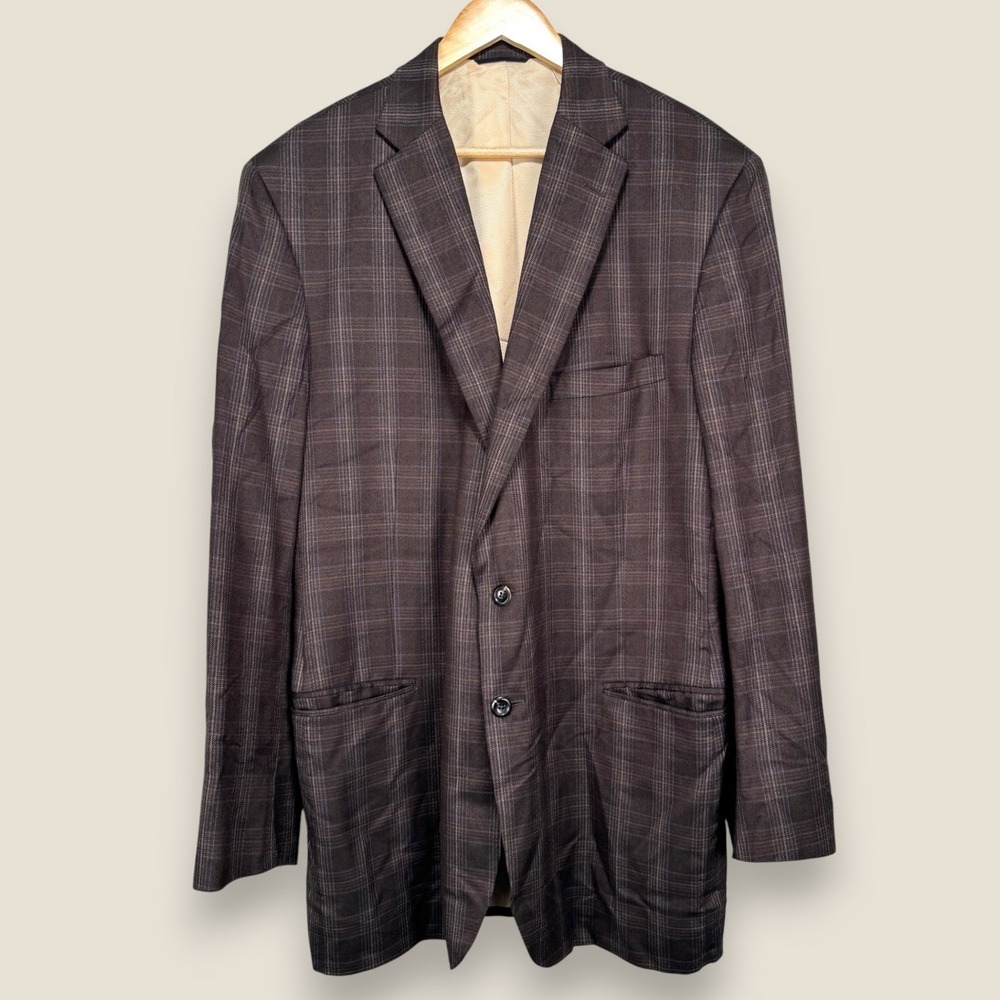 Tom James Stile Sport Coat Men 44L Beige Plaid 2 Button Italian Wool Bespoke